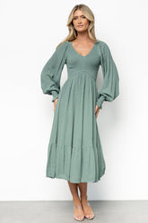 Lainey Smocked Dotted Midi Dress | Dark Sage