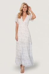 Audrey Deep V Maxi Dress | Off White + Blue Floral